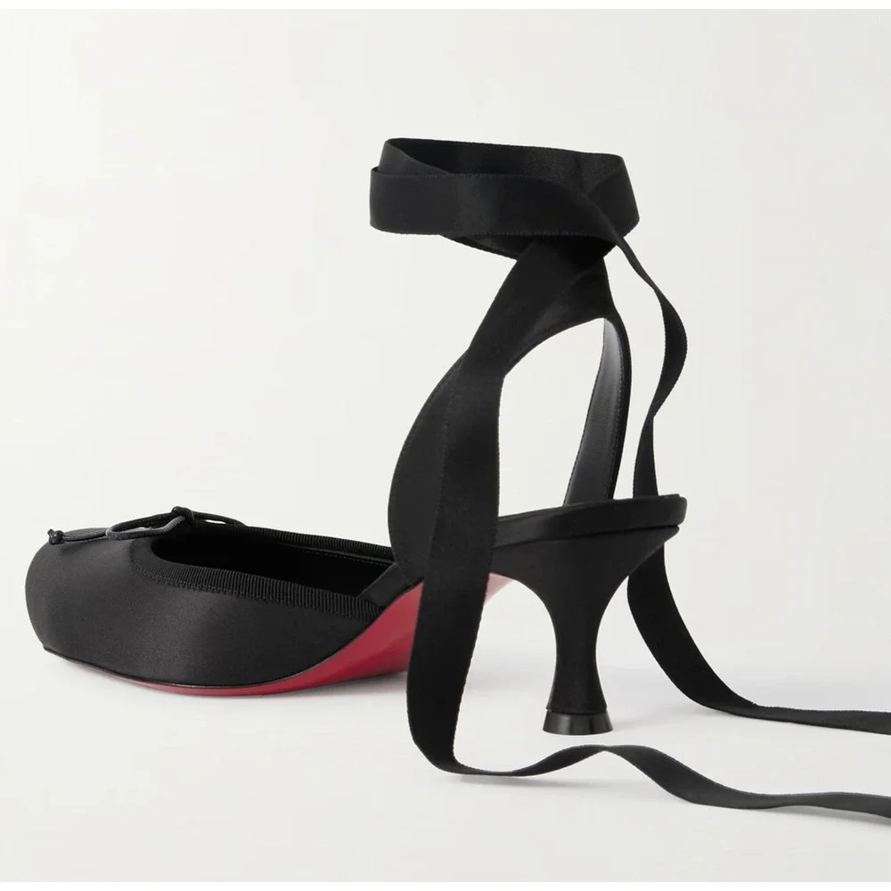 Christian Louboutin Cassia Lace Up 55 Black Tie Ballet Sandal Low Heel Pump 38